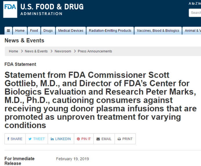 FDA警告：血浆注射不能返老还童 存