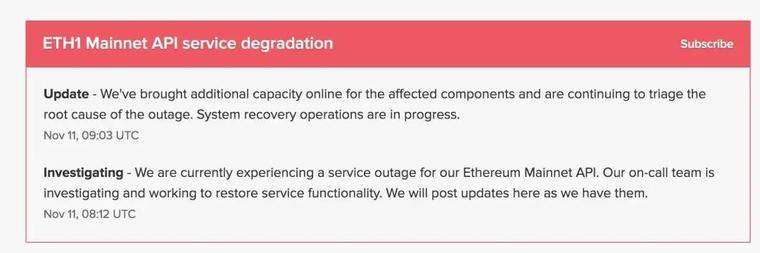 以太坊基础设施Infura出故障中断服务 半个币圈都