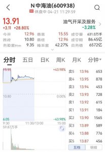 中海油上市大涨！开盘涨至43.98%触发临停机制 