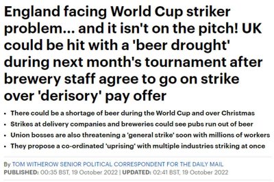 因啤酒厂和物流工人纷纷罢工 世界杯期间英国或