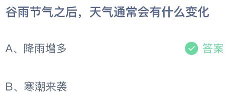 谷雨节气之后天气通常会有什么变化？蚂蚁庄园小鸡答题4月20日答案