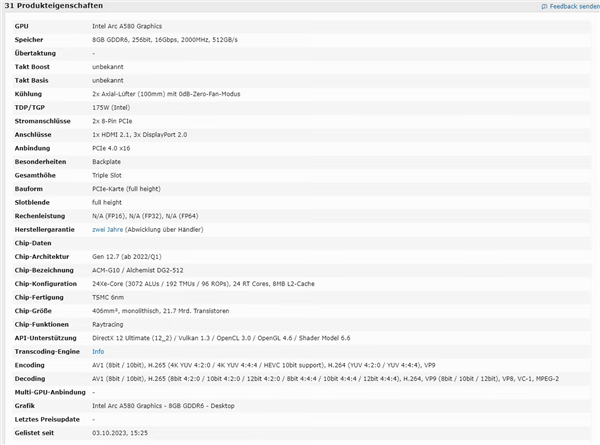 Intel  Arc A580显卡终亮相：256bit显存 频率可达2000MHz