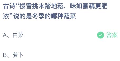 古诗拨雪挑来踏地菘味如蜜藕更肥浓说的是冬季的哪种蔬菜？蚂蚁庄园11.30今日答案最新