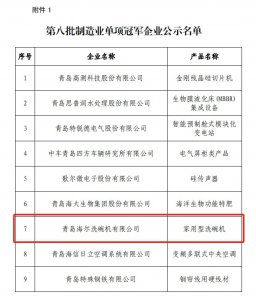 行业      ！海尔洗碗机获评制造业单项冠军企业