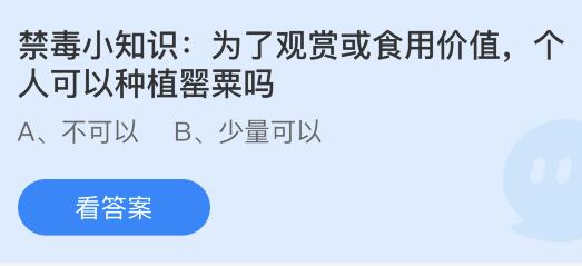 为了观赏或食用价值个人可以种植罂粟吗？蚂蚁庄园今日答案最新6.26