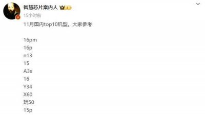 11月手机销量TOP10揭晓，苹果16系列