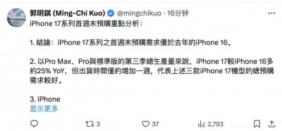 分析师郭明錤：iPhone 17系列首周末