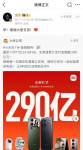 小米双十一销售额突破290亿，生态